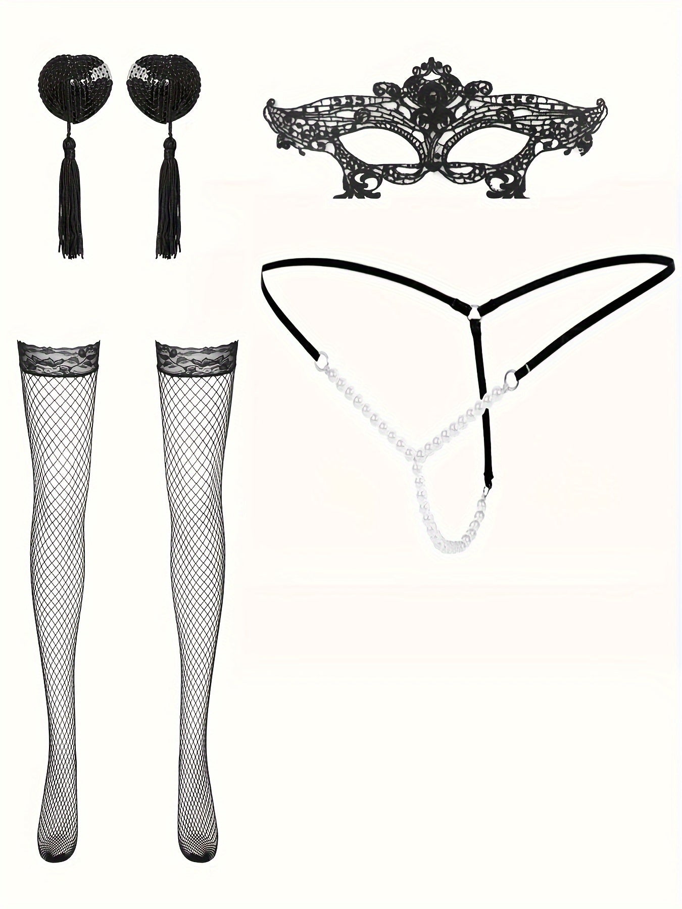 Women's Lingerie Set Includes Pearl Thong Stockings and Lace Eye Mask