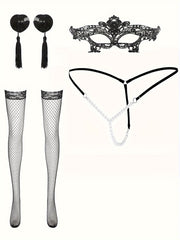 Women's Lingerie Set Includes Pearl Thong Stockings and Lace Eye Mask