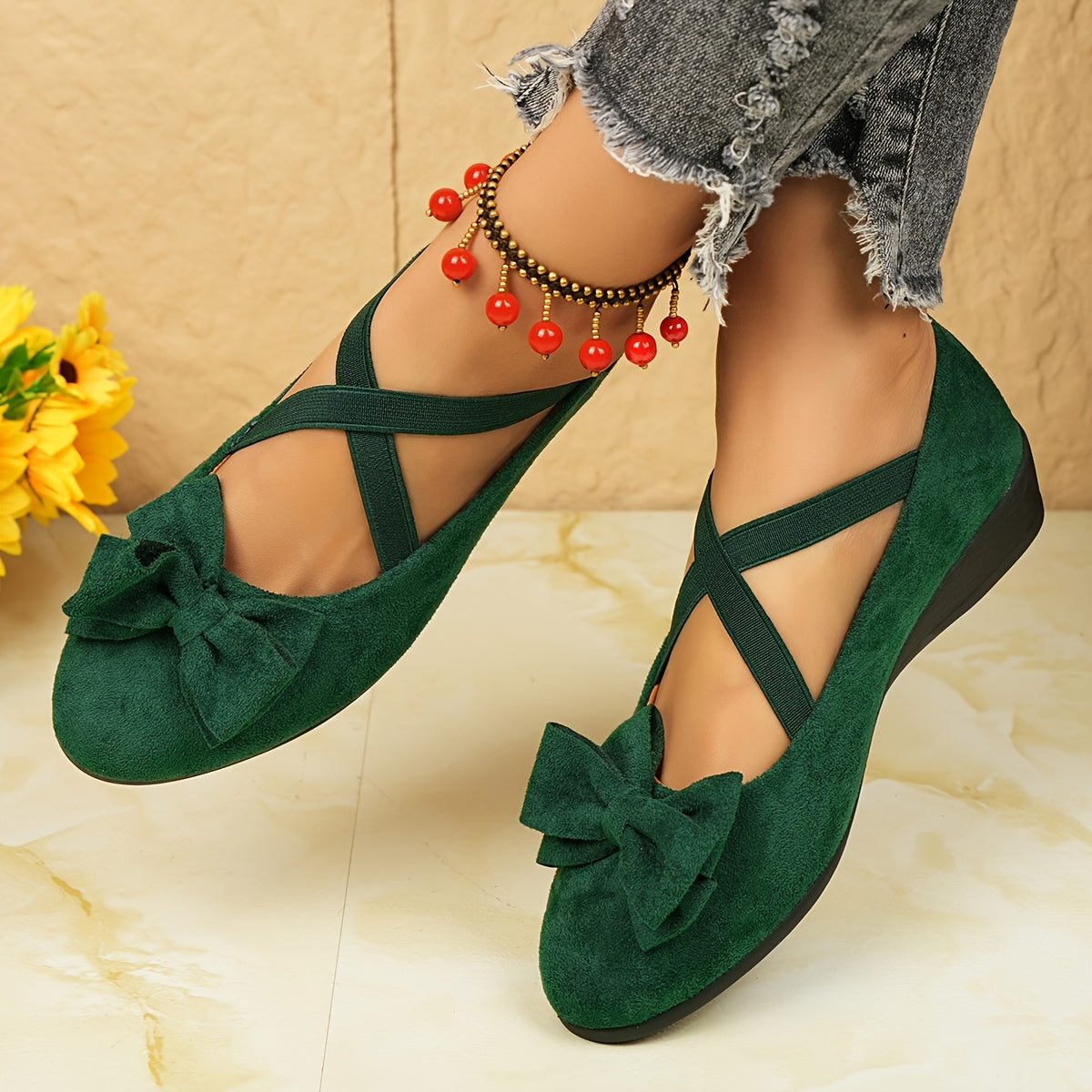 Zapatos planos de ballet negros para mujer con lazo | Zapatos ligeros sin cordones para vestir y casuales