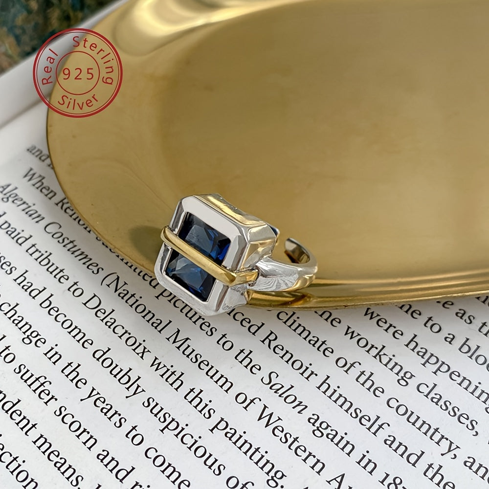 Sterling Silver Square Ring for Women with Blue Artificial Diamond Jewelry Gift