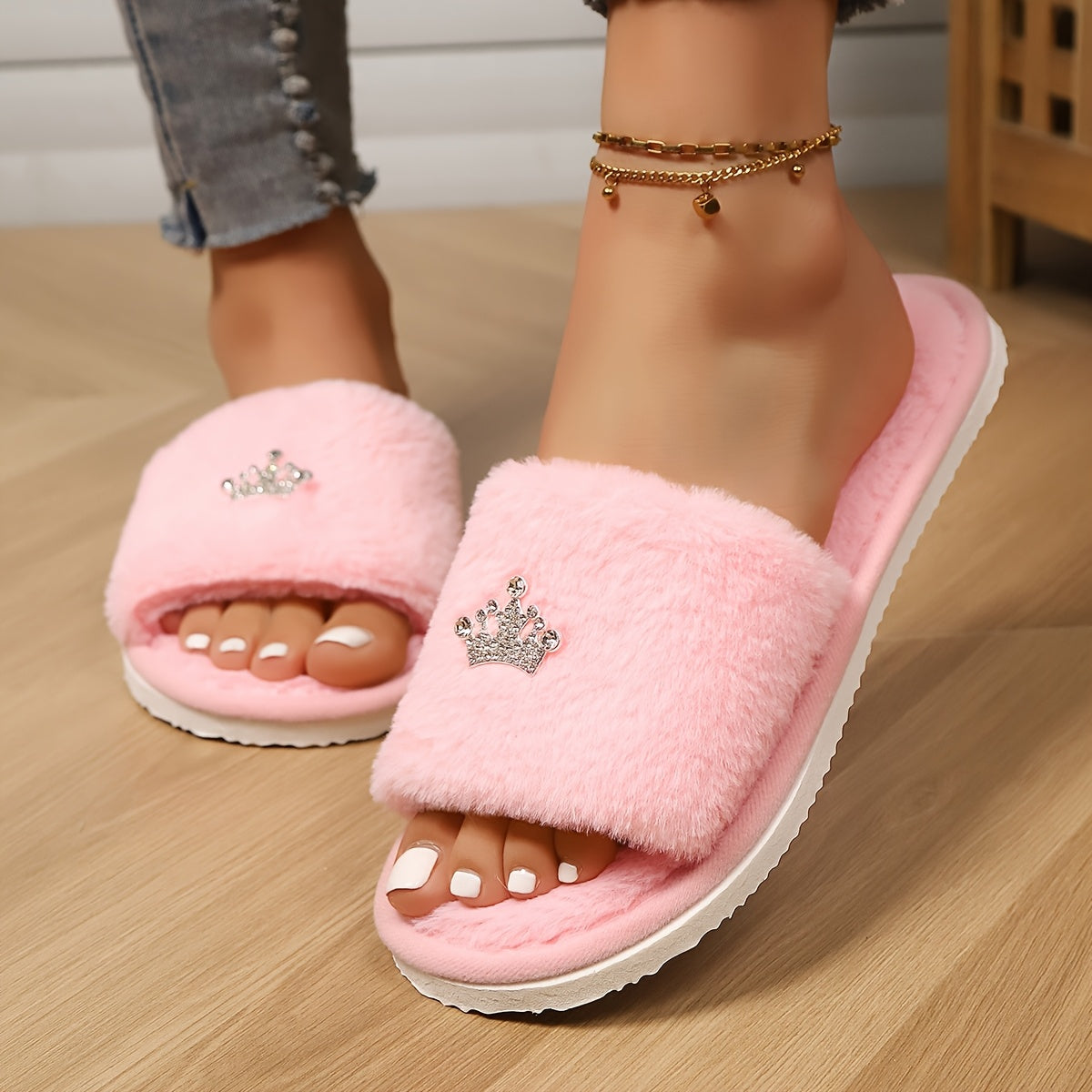 Women's Fluffy Winter Slippers Indoor Heart Design