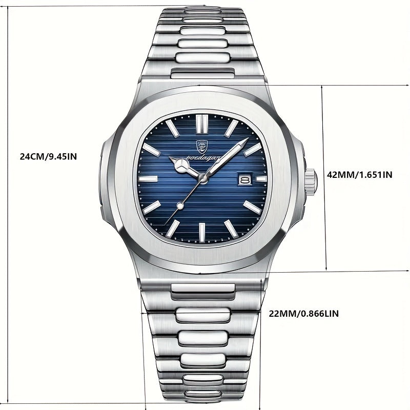 Men's Square Quartz Watch Waterproof Stainless Steel Luminous Date Luxury