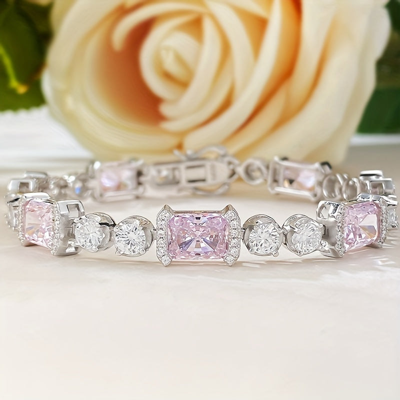 Sterling Silver Bracelet with Pink Cubic Zirconia for Women and October Birthdays