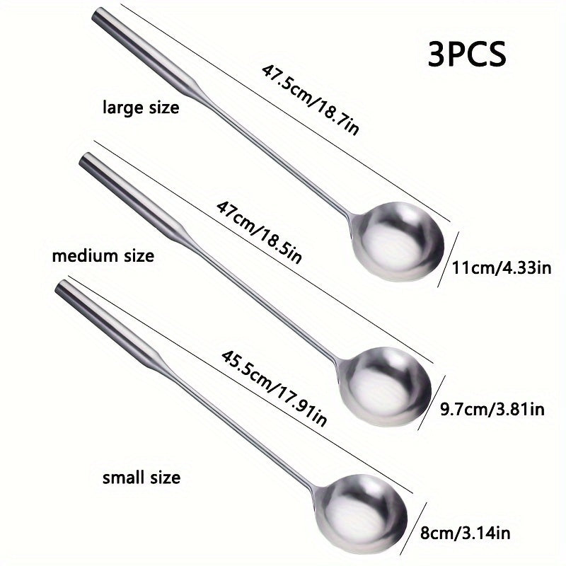 Set of 3 Stainless Steel Cooking Spoons Long Handles Stirring Serving Dishwasher Safe