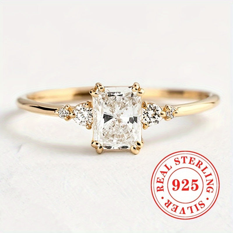 Women’s Sterling Silver Engagement Ring with Square Zirconia for Weddings and Anniversaries