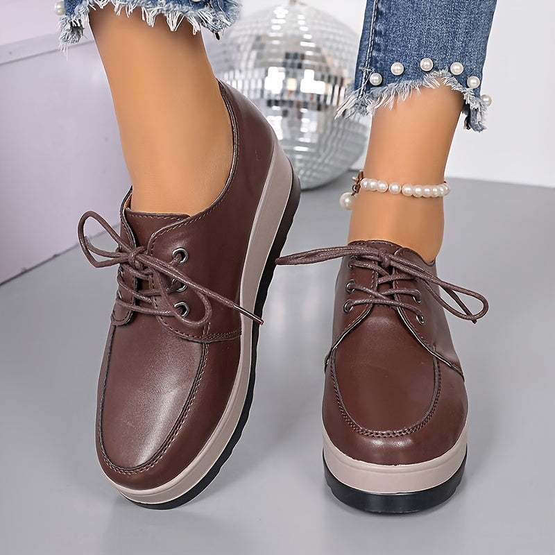 Women's Solid Color Lace-Up Loafers Flat Shoes with Thick Sole