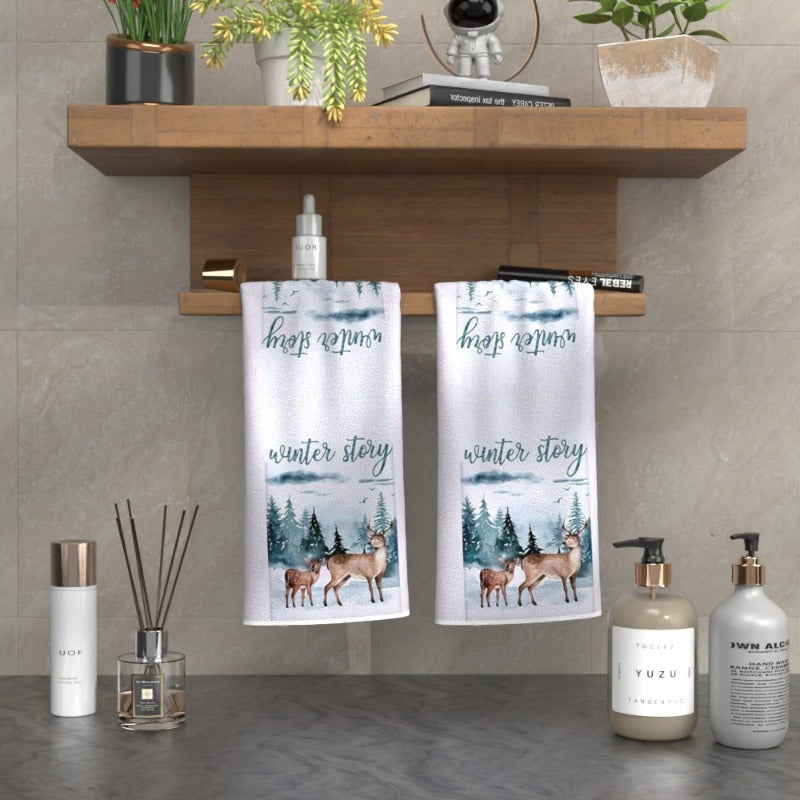 Set of 2 Cozy Winter Deer Towels 45x66cm Soft Polyester Kitchen Bathroom Decor