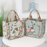 Insulated Canvas Lunch Bag with Floral Print, Large Capacity, Reusable