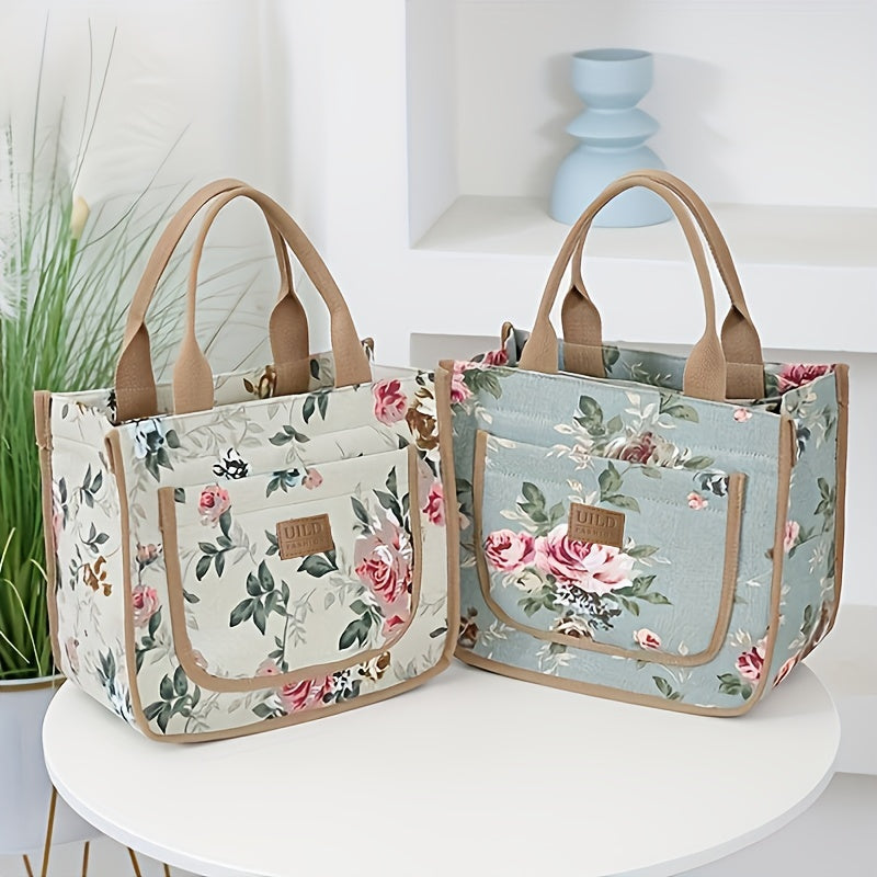 Insulated Canvas Lunch Bag with Floral Print, Large Capacity, Reusable