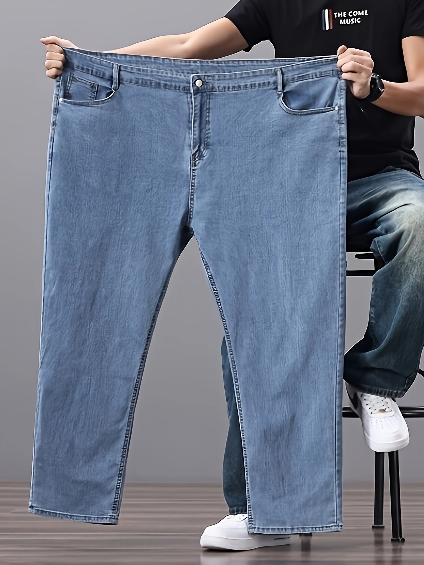 Men's High-Waisted Stretch Denim Jeans Regular Fit Straight Leg Solid Color