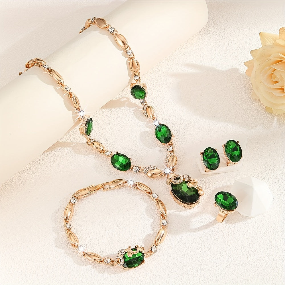 Jewelry Set 14K Gold Plated Sparkling Synthetic Emerald Glass Accents for Women