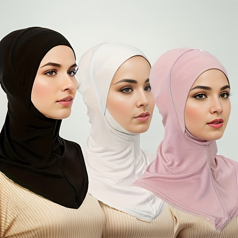 Women’s Elastic Modal Hijab Caps Pack of 3 Breathable Polyester Solid Color Head Wraps with Snap Closure