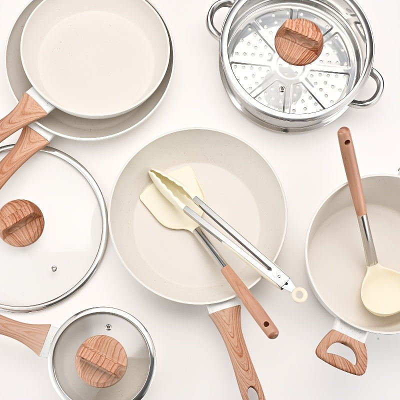 Aluminum Cookware Set 12 Pieces with Frying Pan Wok Soup Pots Wooden Handles