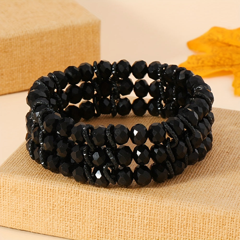 Women’s Black Beaded Boho Stretch Bracelet Aluminum Alloy Crystal Jewelry