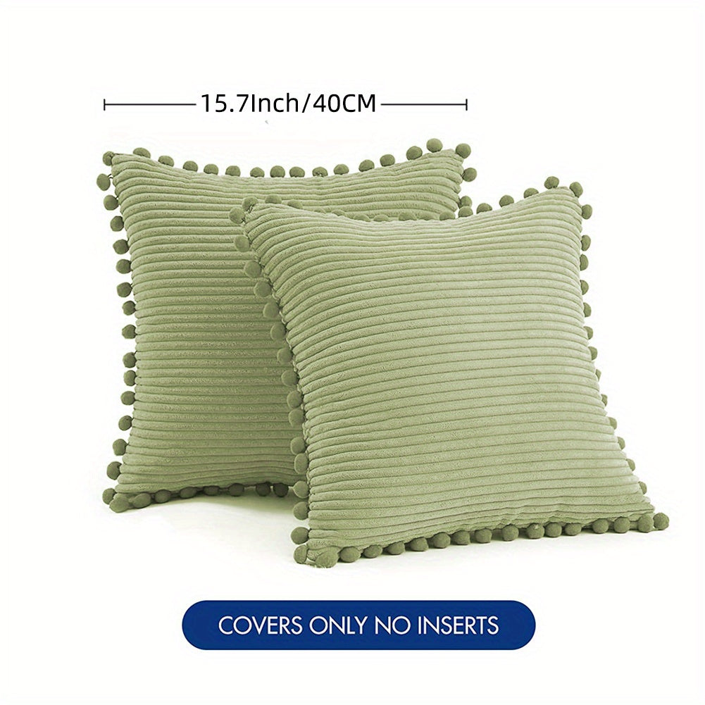 Набор из 2-х бохо наволочек для подушек с помпонами и акцентом из вельвета. Сплошные квадратные подушки для различных пространств. (18x18 дюймов/45x45 см). ВКЛЮЧЕНИЯ НЕ ВХОДЯТ.