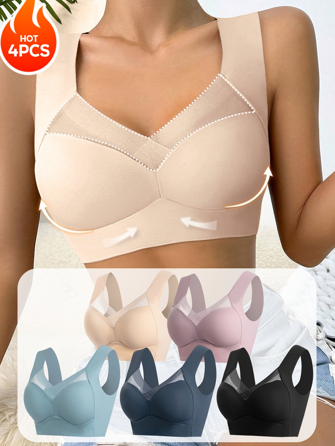 Women Solid Color Cross V-Neck Bras Pack of 4 Breathable Comfortable Mesh Light Blue Pink Beige Black