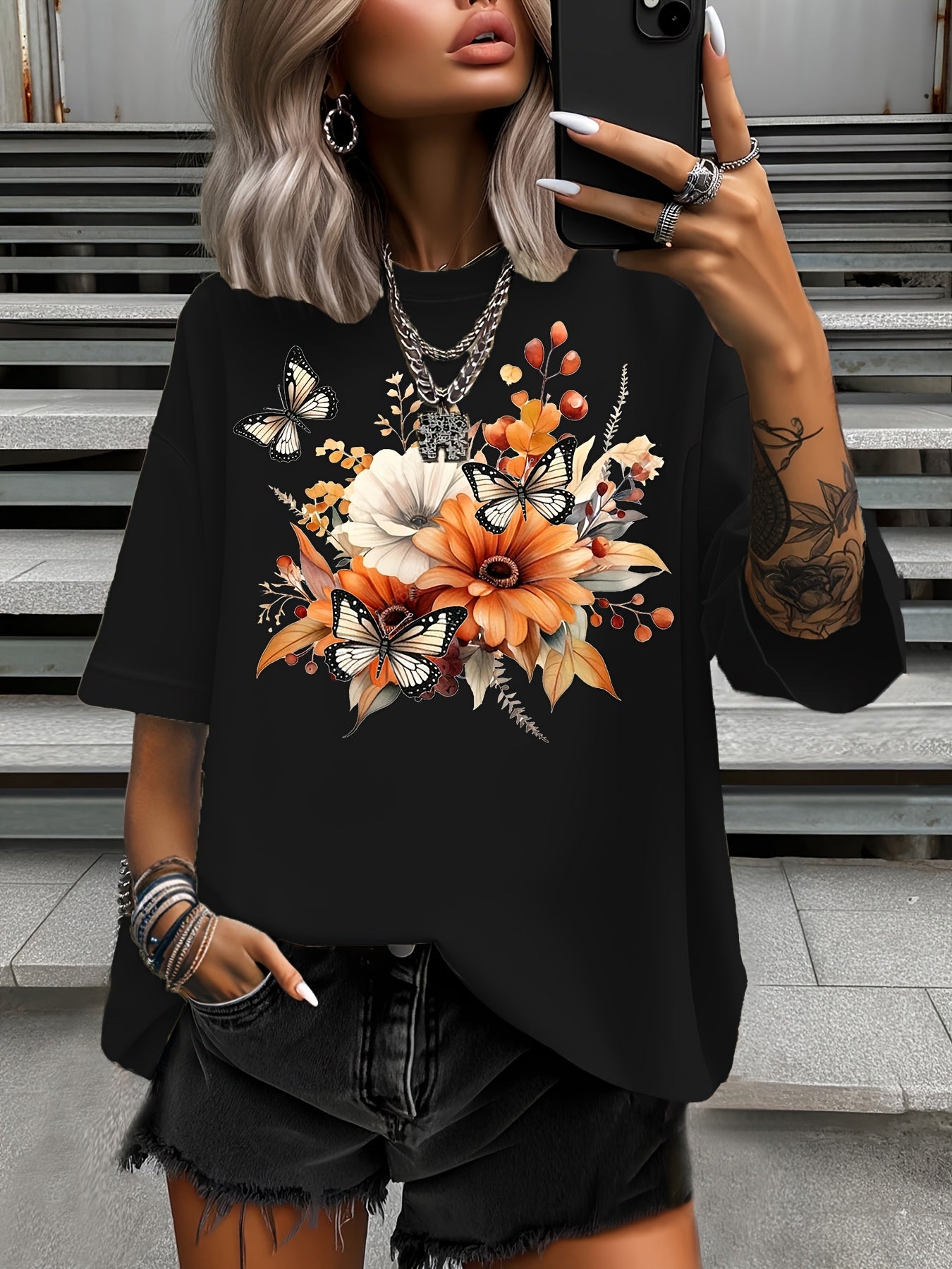 Plus Size Women's Casual Short Sleeve T-Shirt Vintage Floral Butterfly Print Summer Top