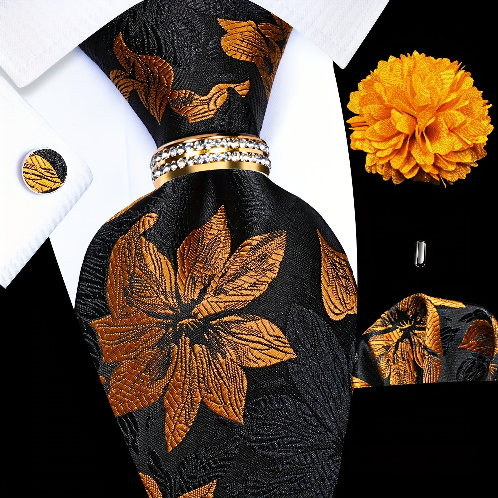 Men's Formal Tie Set with Pocket Square Cufflinks Tie Clip Lapel Pin and Ring for Weddings and Occasions