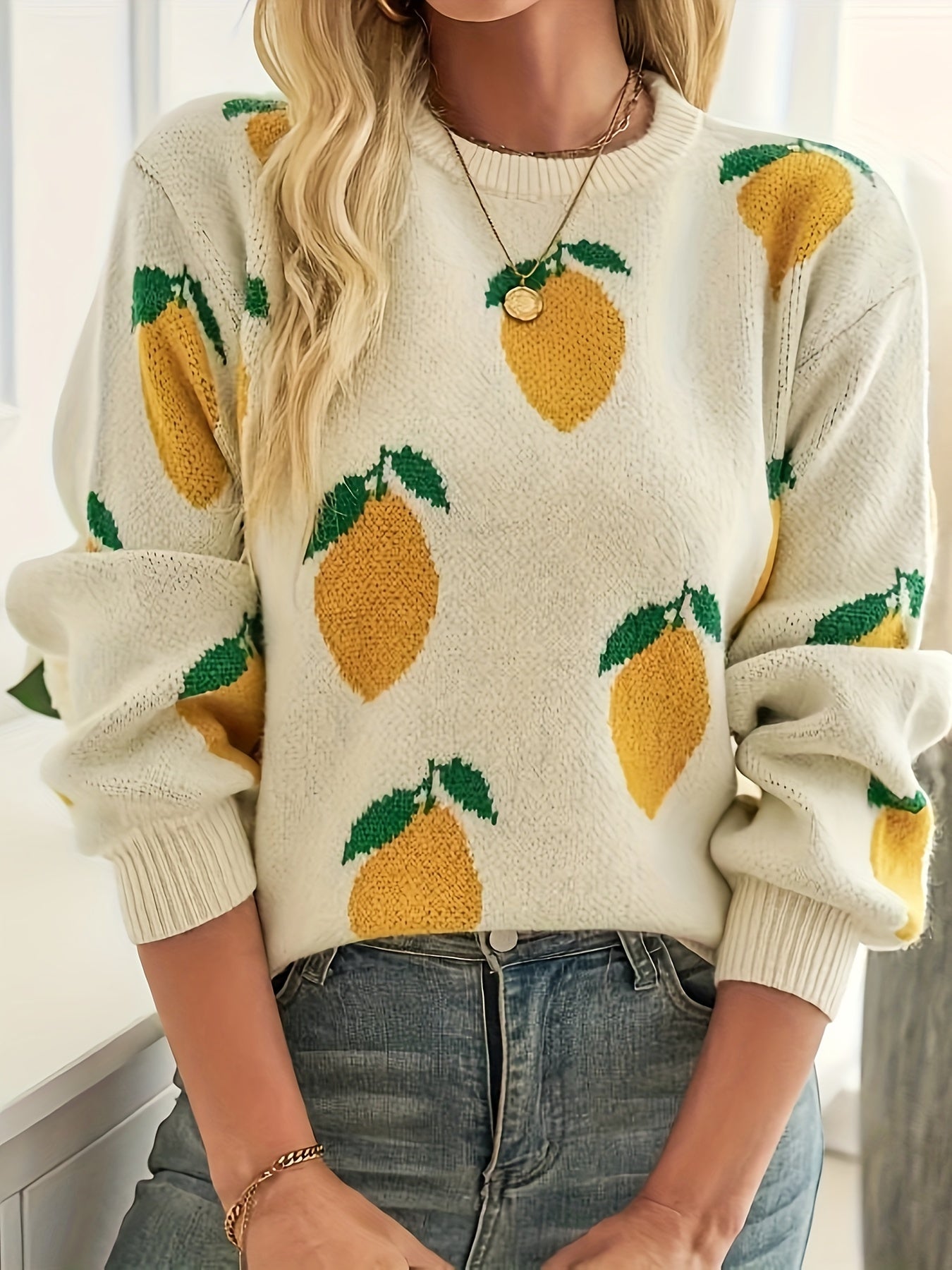 Women’s Acrylic Lemon Pattern Crew Neck Sweater Long Sleeve Casual Pullover