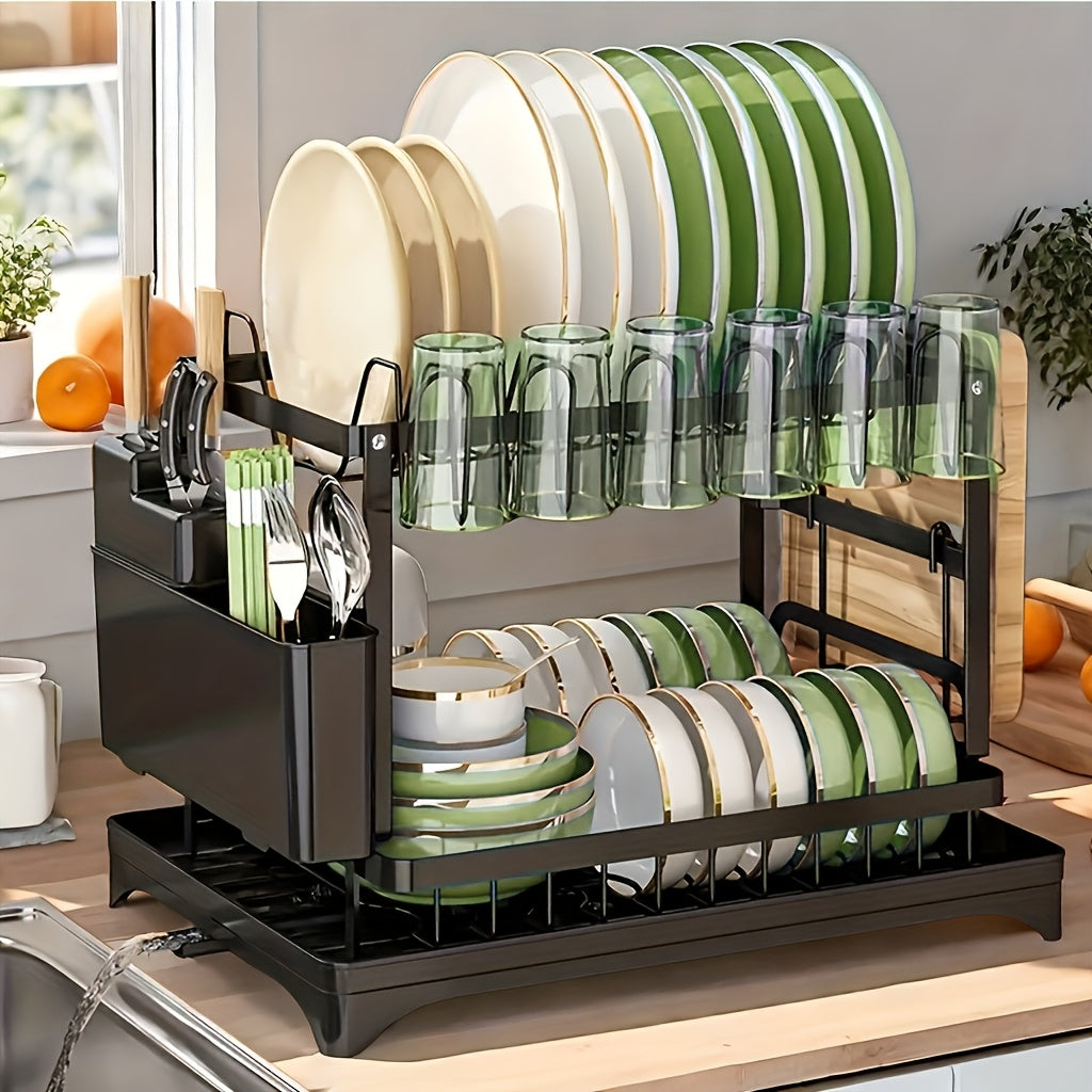 Multifunctional Carbon Steel Kitchen Organizer for Bowls Plates and Utensils with Drainage Board