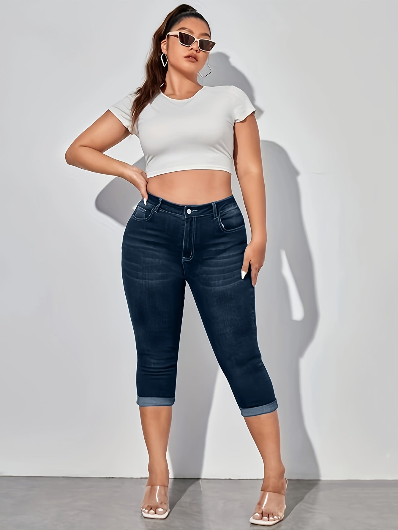 Jeans de mezclilla azul elásticos de talla grande para mujer, de tiro alto y ajuste delgado