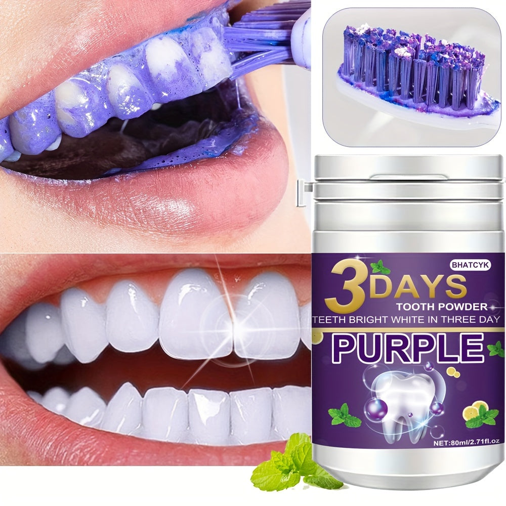 Purple Teeth Whitening Powder 80ml with Fresh Mint Flavor for Daily Use and Travel