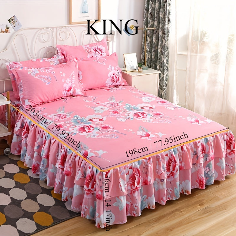 Set of 3 Tropical Floral Bedding Set with Lace Bed Skirt and Pillowcases Ruffled Edges Purple