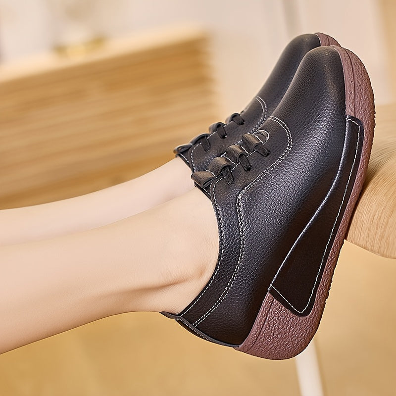Women's Solid Color Lace-Up Casual Shoes with Soft Sole and Platform