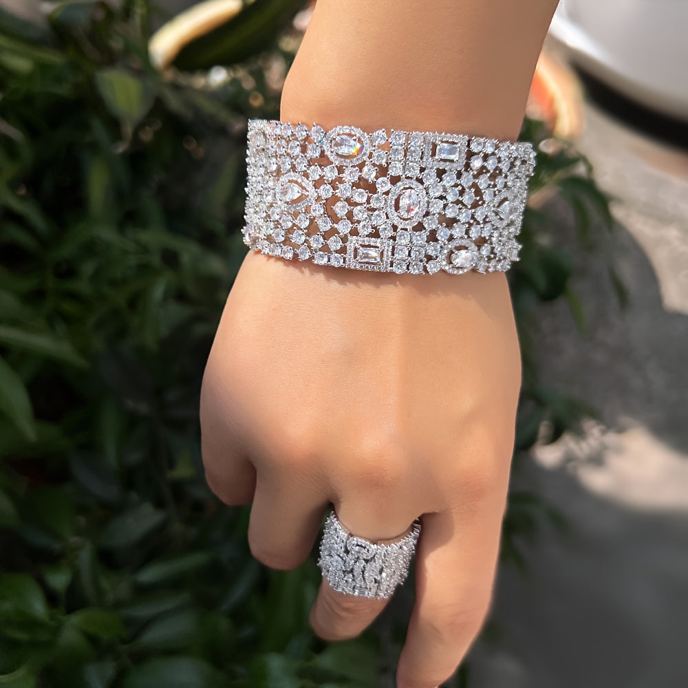 Women’s Zirconia Cuff Bracelet and Ring Set for Weddings and Formal Events