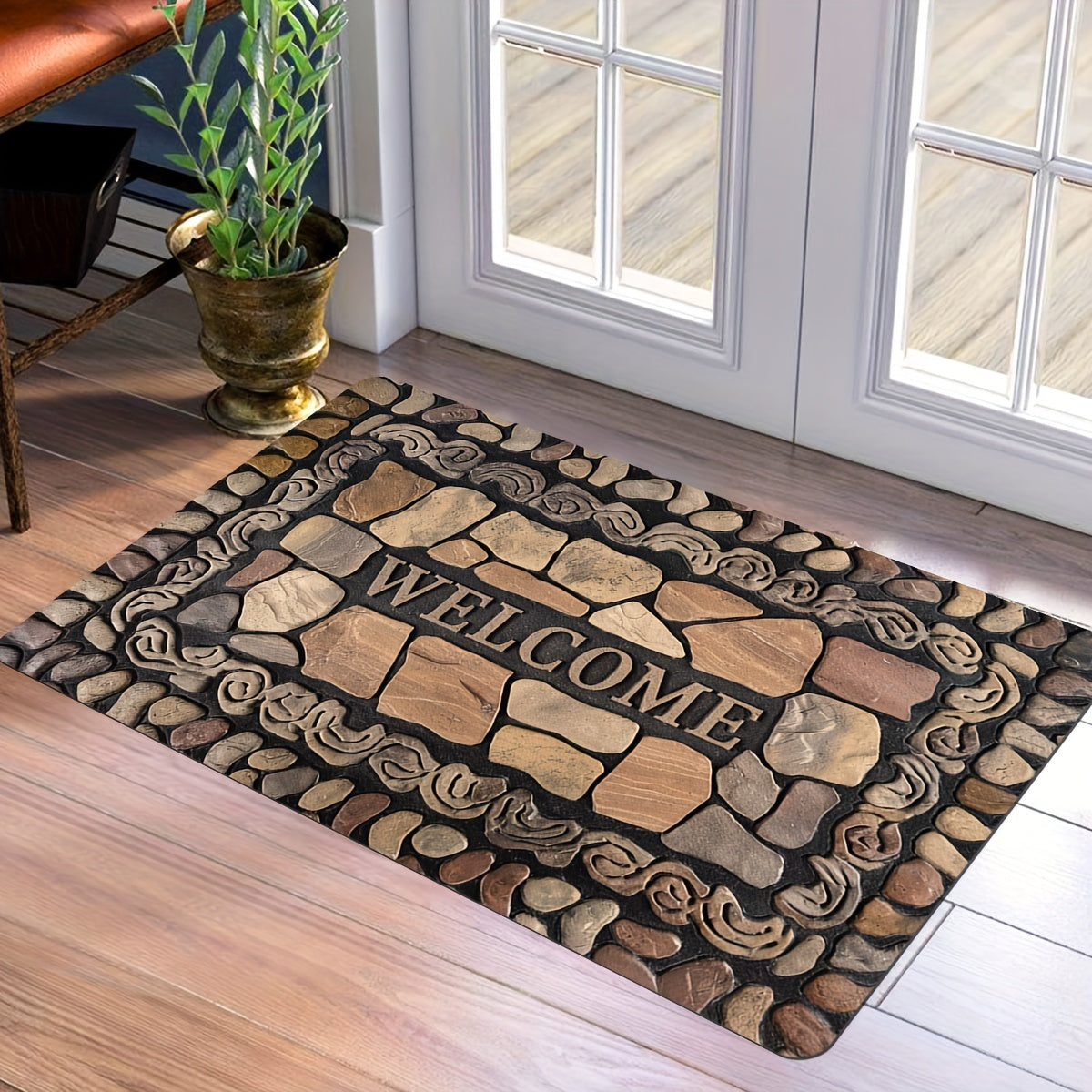 Pebble Print Entrance Mat Non-Slip Polyester Rug Indoor Outdoor Quick-Drying