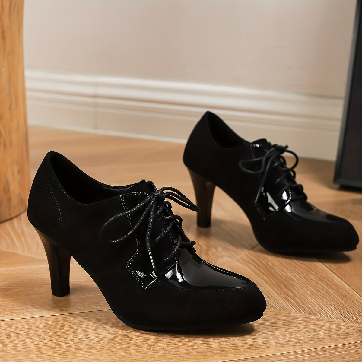 Women Faux Leather Lace-Up High Heels Pointed Toe Chunky Heel
