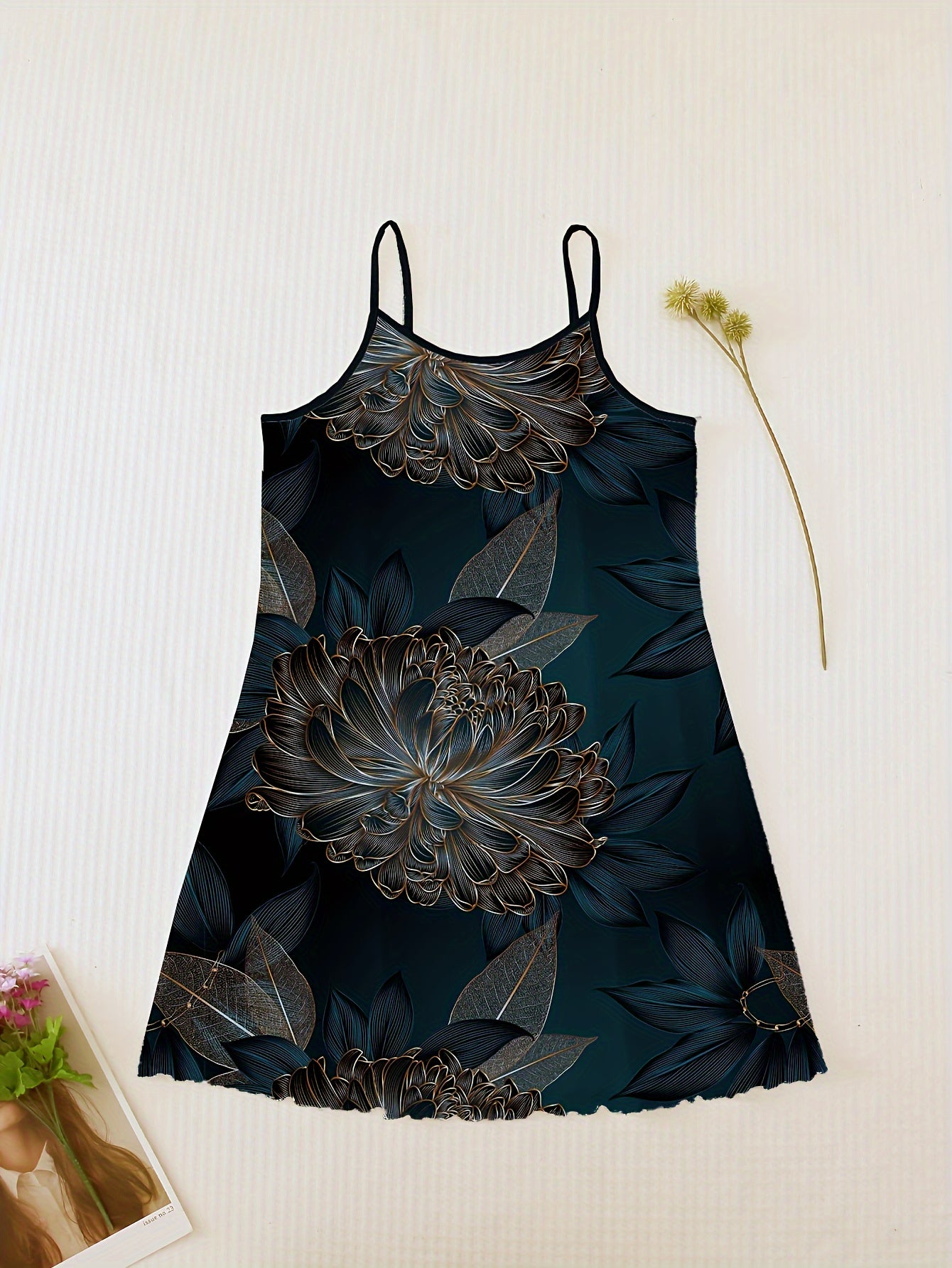 Women's Floral Sleep Dress with Crew Neck Lettuce Trim Polyester All-Season Casual