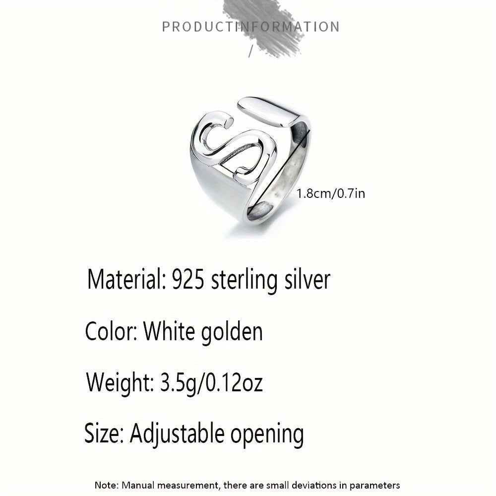 Sterling Silver 925 Wide Band Ring with Letter S Japanese Korean Fashion Everyday Wear
