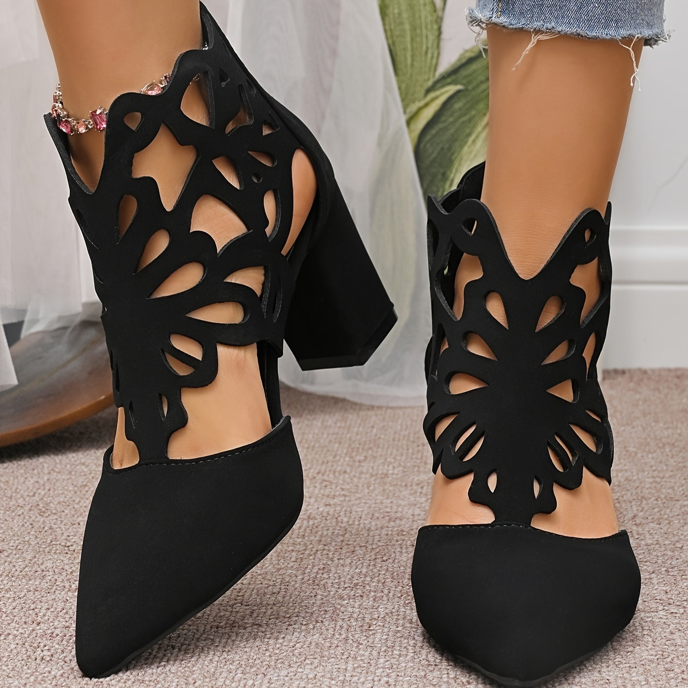Women's Black High Heels Chunky Heel Cut-Out Butterfly Pointed Toe