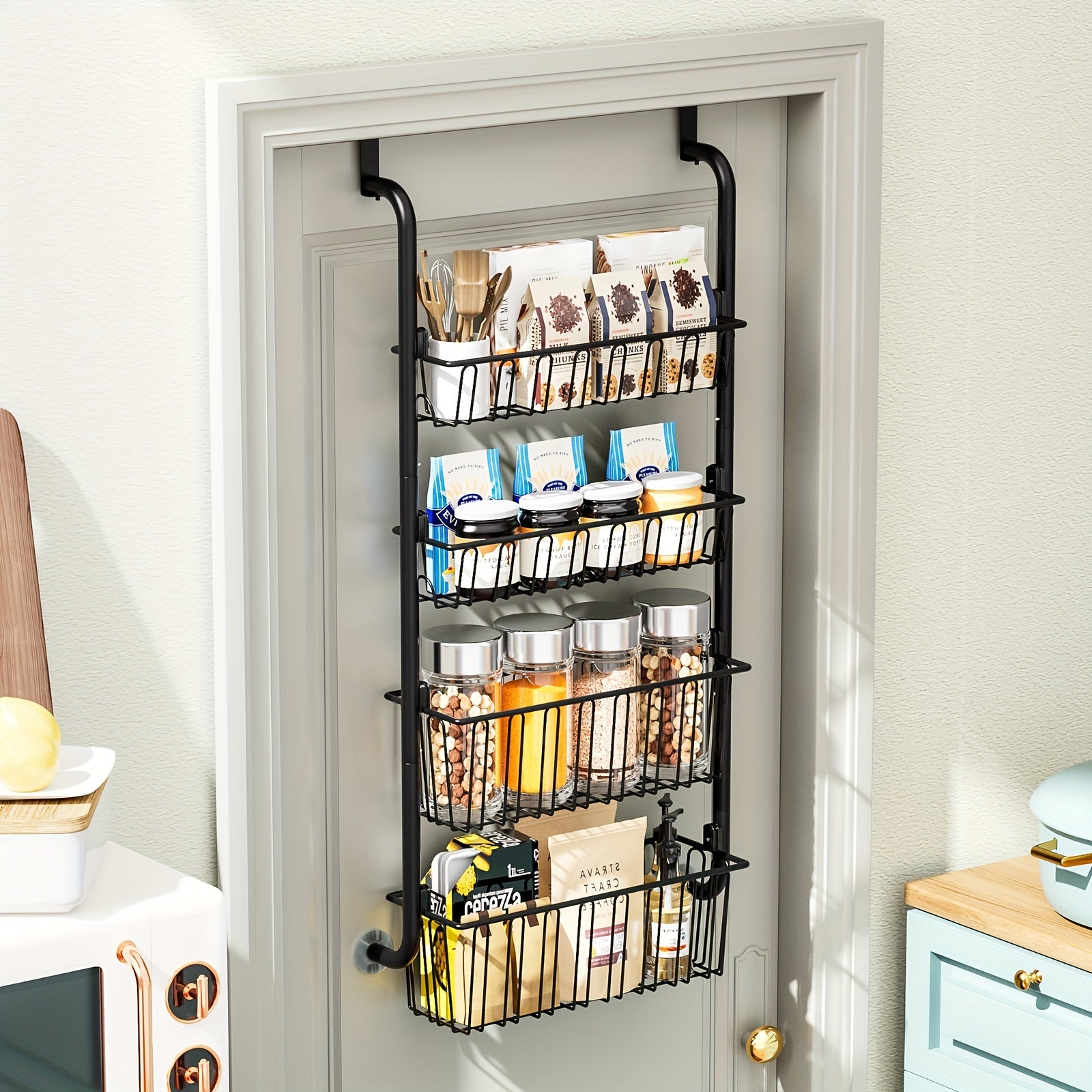 Black Metal Over-the-Door Pantry Organizer with 6 Tiers Kitchen Storage Rack