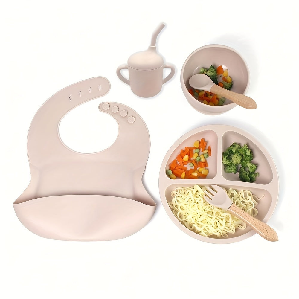 6-Piece Silicone Feeding Set with Divided Plate and Wooden Utensils for Self-Feeding
