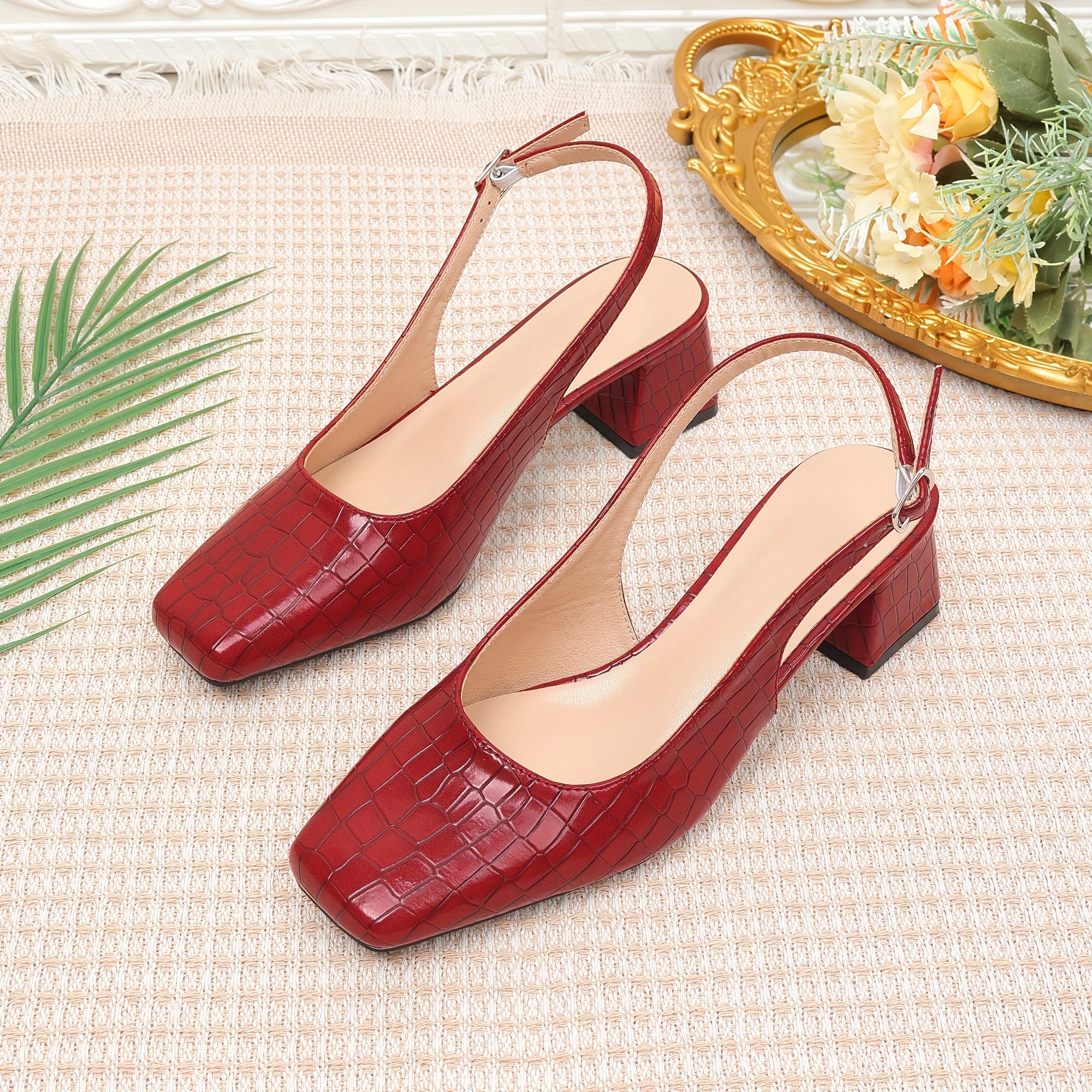 Women's Square Toe Pumps Faux Leather Crocodile Pattern Chunky Heel Dress Shoes