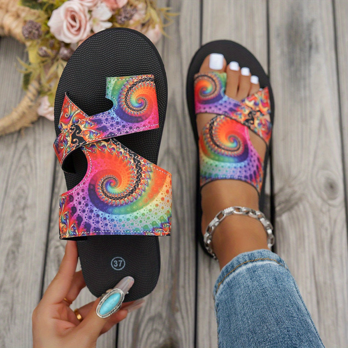 Women's Bohemian Checkered Mesh Slip-On Sandals Open-Toe Summer Footwear