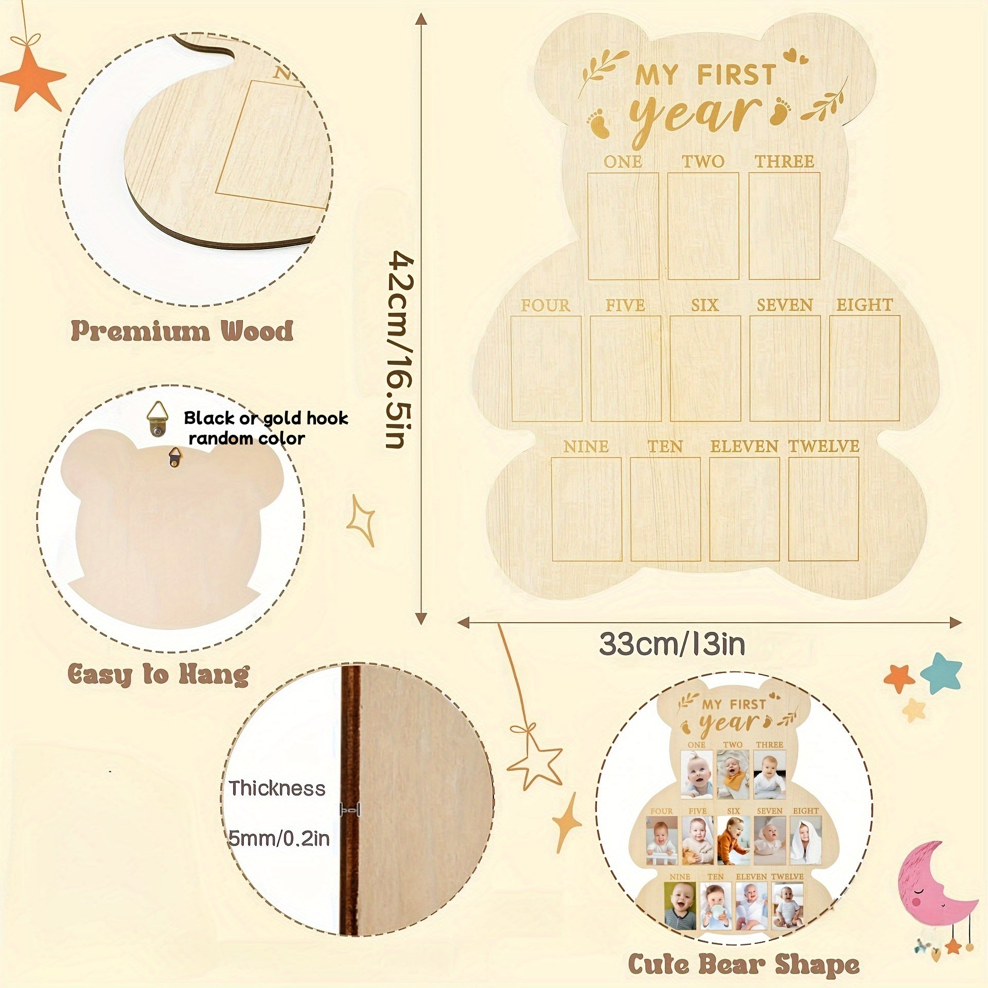 Wooden Baby Photo Frame for Milestones and First Birthday Keepsake