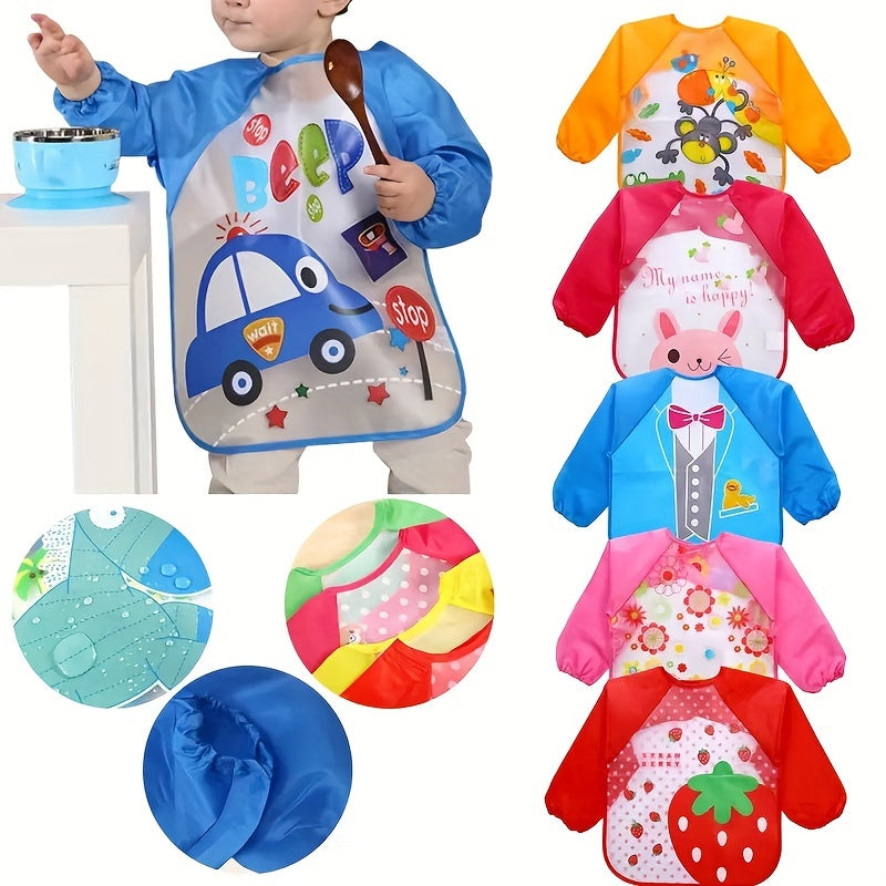 Baby Waterproof Bib for Kids Reversible Cartoon Design Long Sleeve Feeding Smock