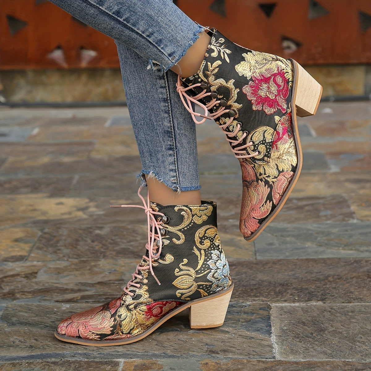 Women's Vintage Floral Leather Boots, Lace Up Chunky Heel Western Cowboy Shoes