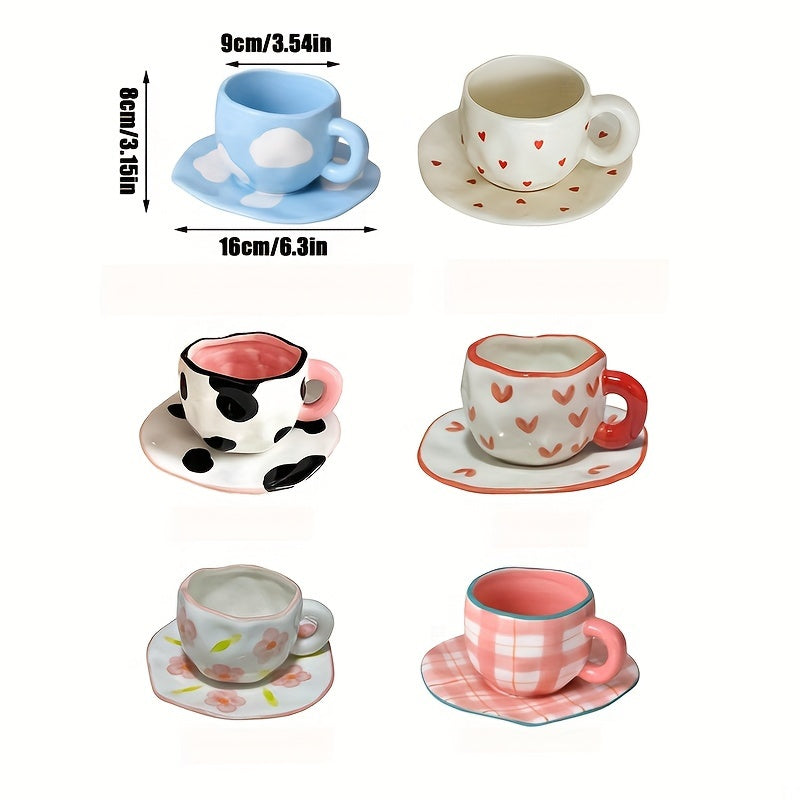 Handcrafted Ceramic Coffee Mug and Saucer Set with Whimsical Patterns Reusable and Recyclable