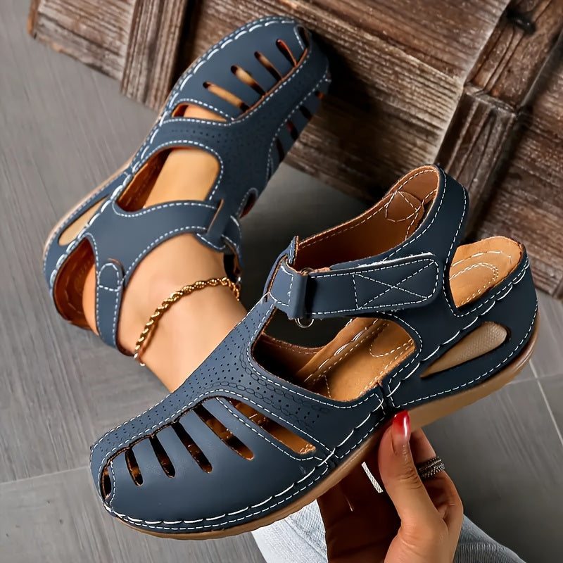 Women's Solid Color Faux Leather Sandals with Cut-Out Design and Cushioned Sole