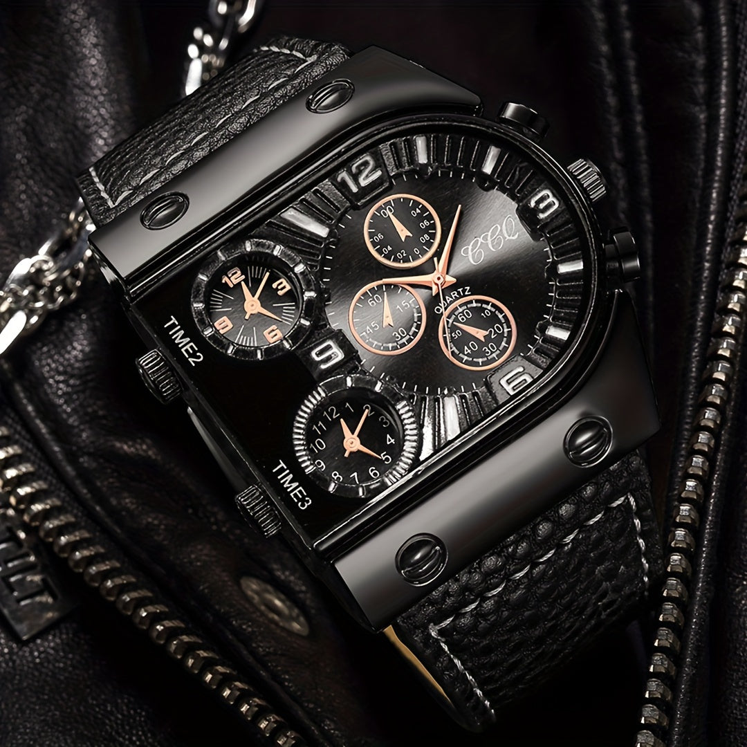 Men's Quartz Watch Large Dial Faux Leather Strap Alloy Case Non-Rechargeable Battery