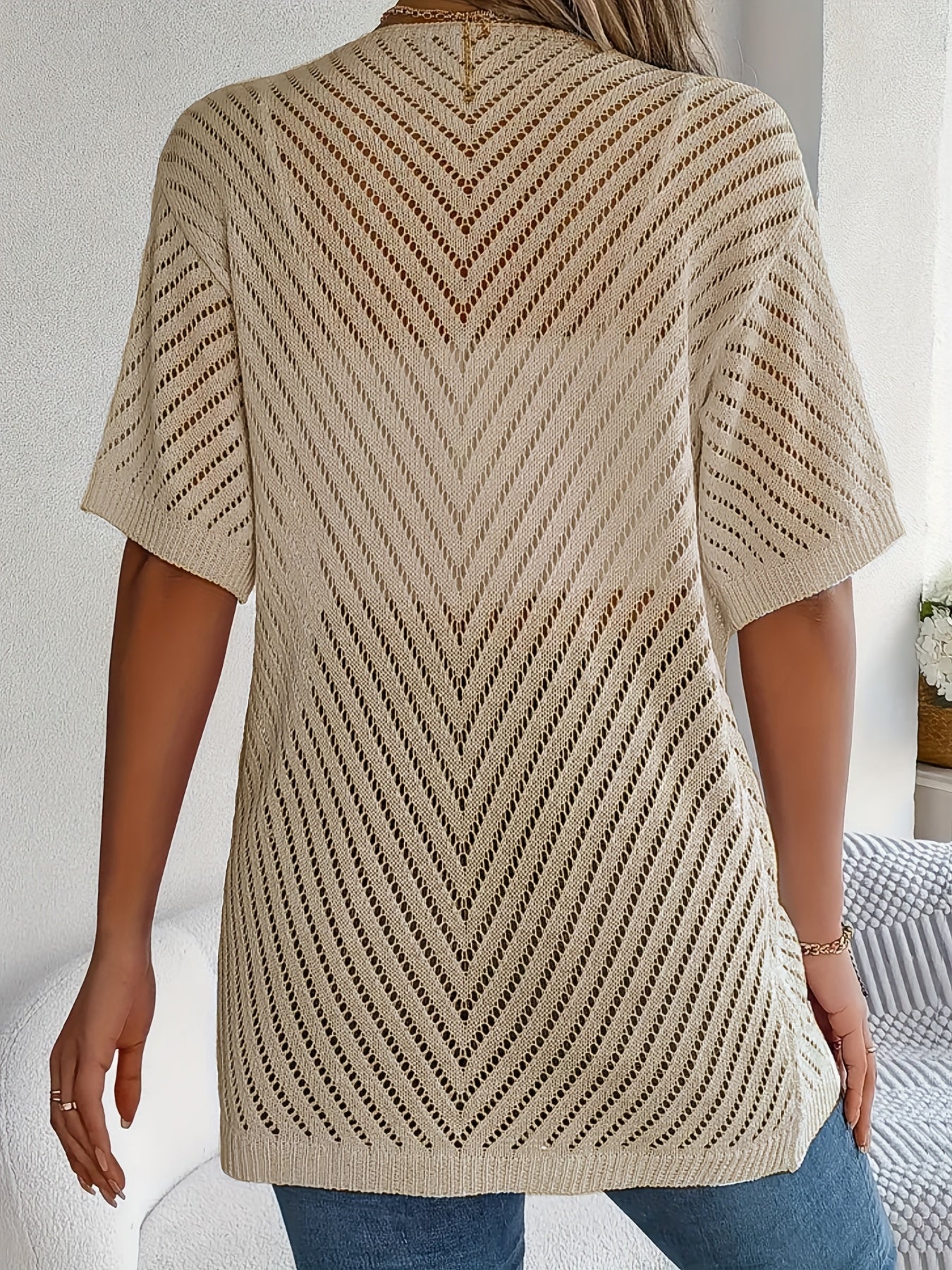 Plus Size Women's Crochet Cardigan Light Beige Open Front Short Sleeve Summer Casual