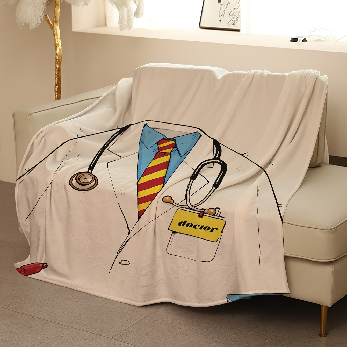 Cartoon Doctor Print Coral Fleece Blanket All-Season Cozy Knit for Sofa Bed Travel