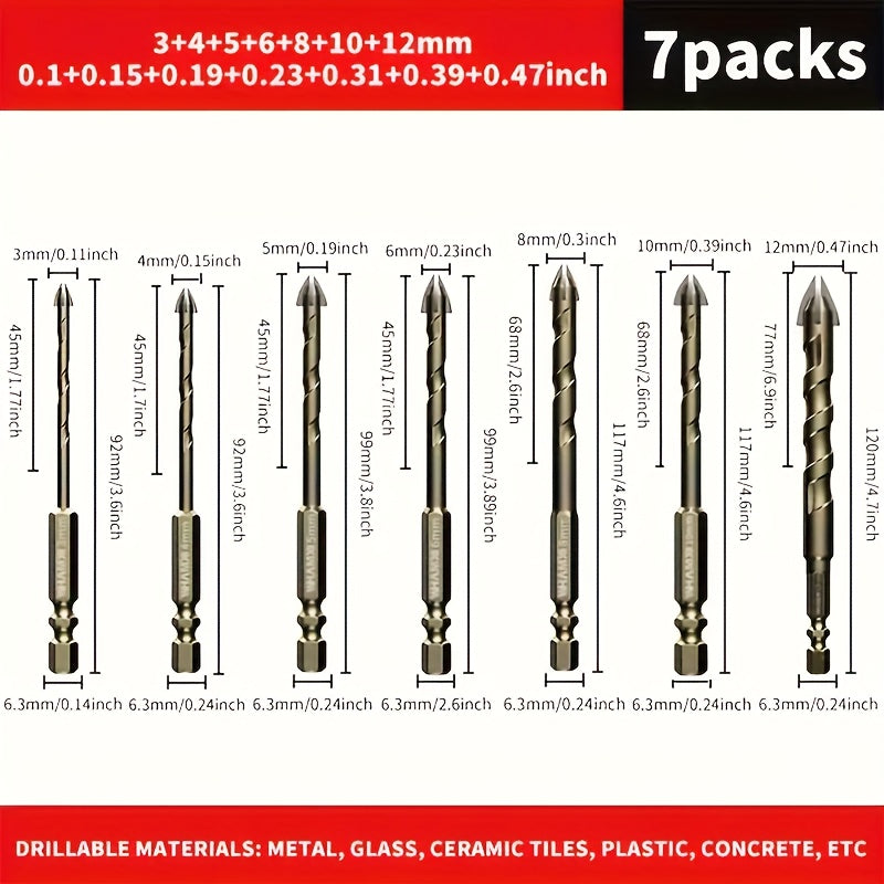 7-Piece Tungsten Steel Drill Bit Set for Tile Glass Concrete Marble Wood Steel