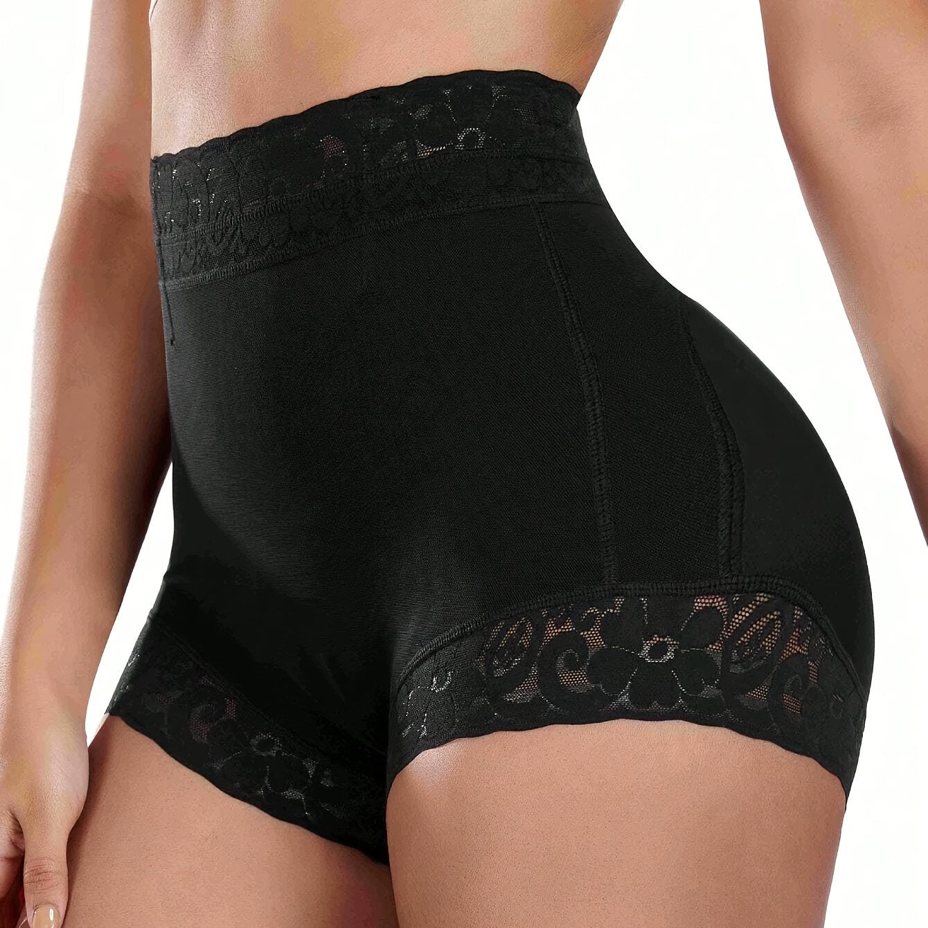 Women's High-Waist Black Shaping Shorts with Lace Detail Tummy Control Butt Lift