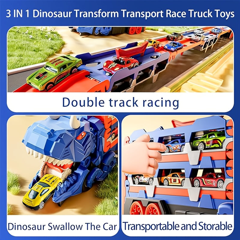 3-in-1 Dinosaur Transformer Truck Playset with 6 Mini Cars and Dual Track Racing