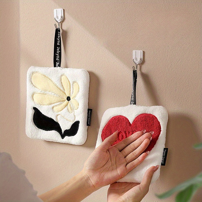 Koral Fleece qo‘l sochiq to‘plami, yurak gul naqshli, tez quriydigan, namlikni yutuvchi, oshxona va hammom uchun